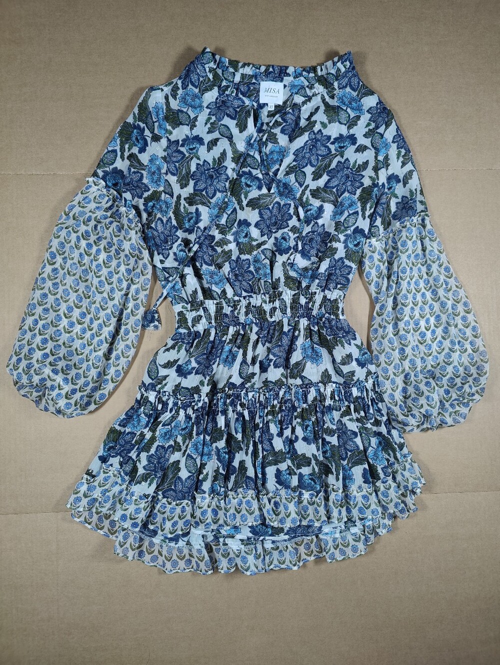 MISA Elisabetta Blue White Floral Smocked Tiered Ruffled Mini Dress Size XS